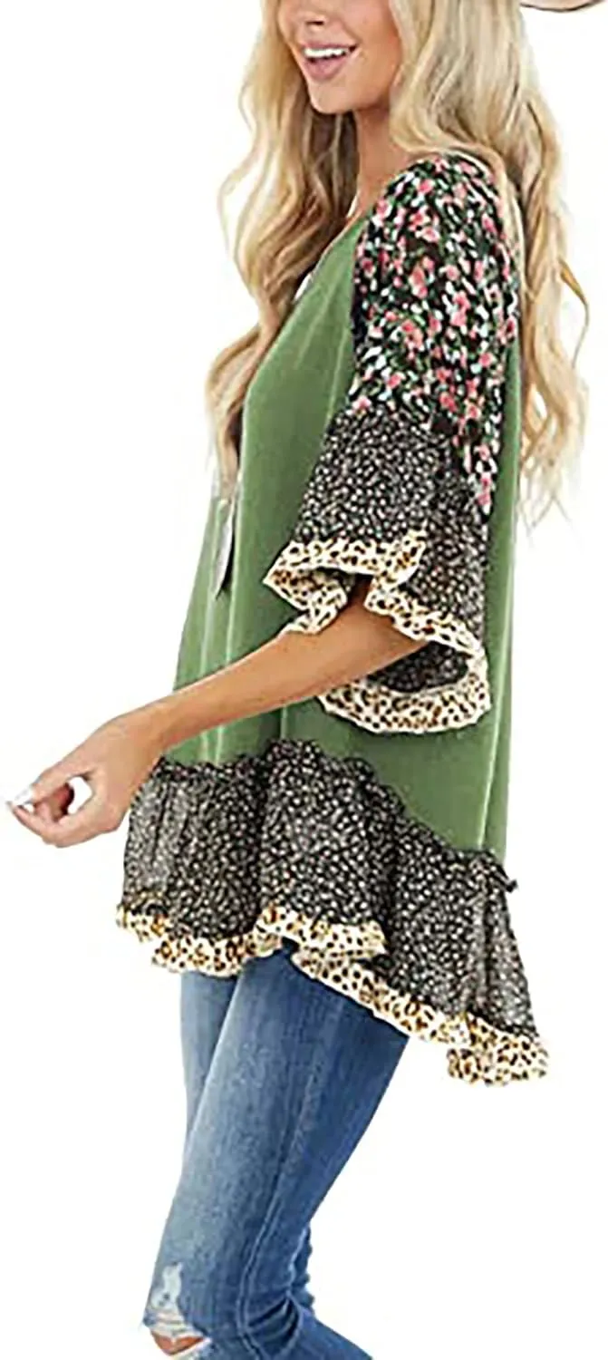 Womens Crew Neck Casual Pullover 3/4 Sleeve Boho Floral Blouses Loose Tops Shirt Sweatshirts S - 5XL