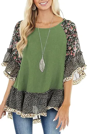 Womens Crew Neck Casual Pullover 3/4 Sleeve Boho Floral Blouses Loose Tops Shirt Sweatshirts S - 5XL