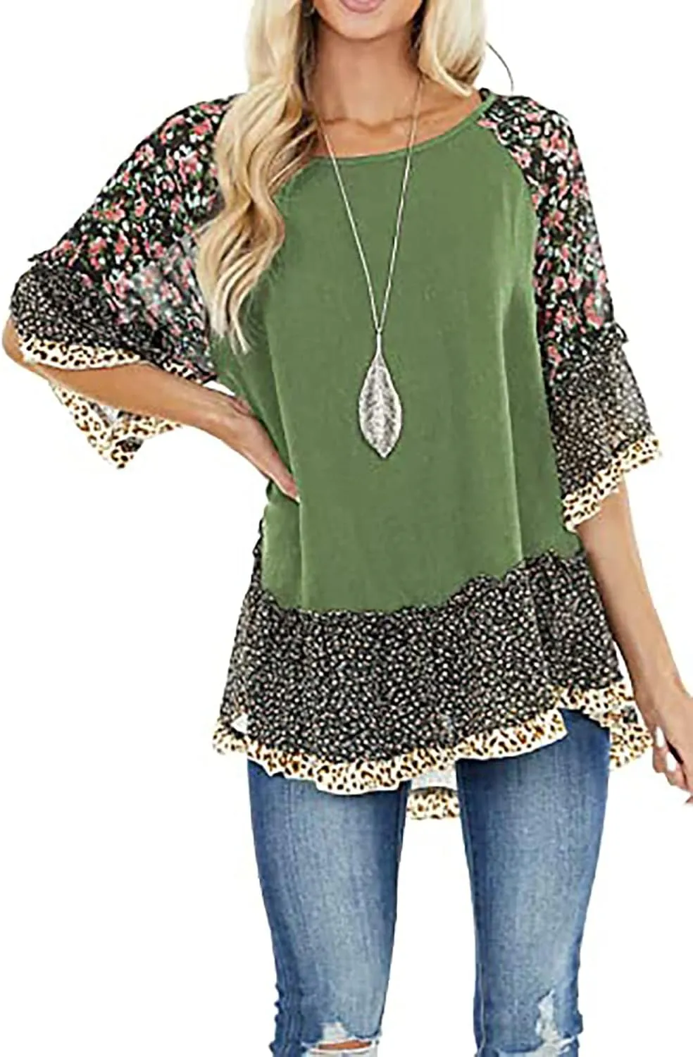 Womens Crew Neck Casual Pullover 3/4 Sleeve Boho Floral Blouses Loose Tops Shirt Sweatshirts S - 5XL