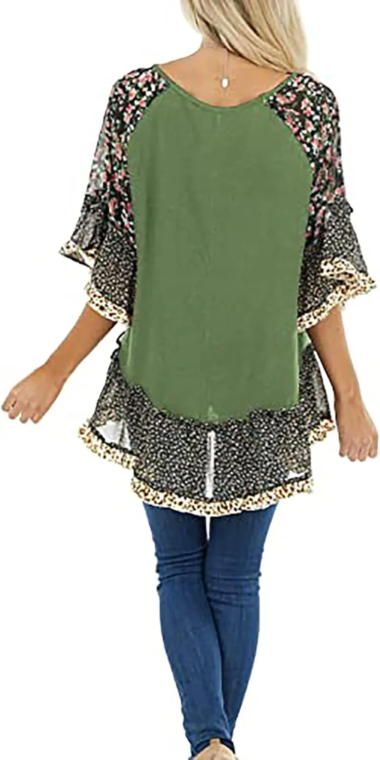 Womens Crew Neck Casual Pullover 3/4 Sleeve Boho Floral Blouses Loose Tops Shirt Sweatshirts S - 5XL