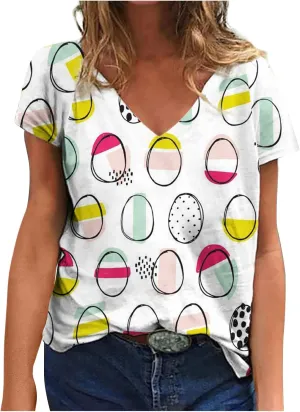 Womens Easter Shirts Short Sleeve V-Neck Easter's Day Tops Rabbits Bunny T-Shirt Floral Print Boho Tees Tunic Top