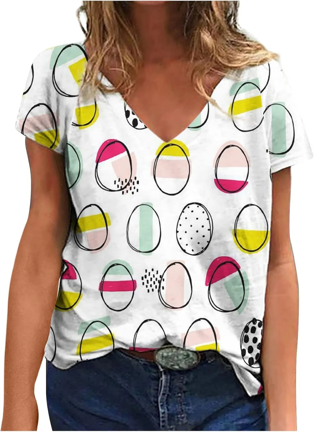 Womens Easter Shirts Short Sleeve V-Neck Easter's Day Tops Rabbits Bunny T-Shirt Floral Print Boho Tees Tunic Top