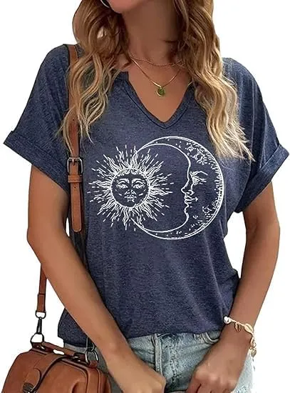 Women's Floral T-Shirts V-Neck Dandelion Sun Flower Graphic Casual Tee Boho Tops Cute Wildflowers Shirts