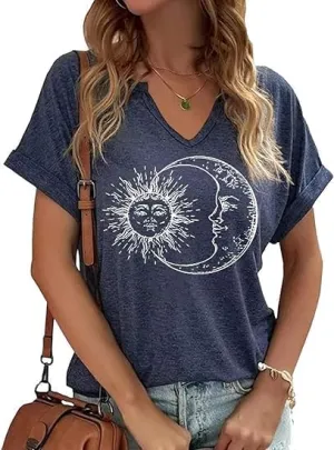 Women's Floral T-Shirts V-Neck Dandelion Sun Flower Graphic Casual Tee Boho Tops Cute Wildflowers Shirts