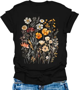 Womens Graphic Tees Vintage Floral T-Shirt Boho Summer Plus Size Tops