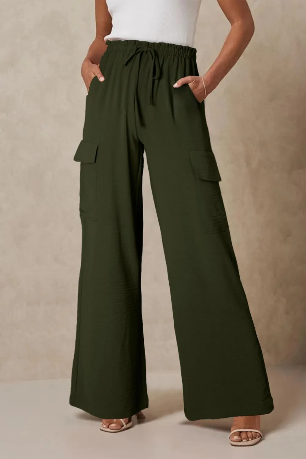 Womens Linen Pants Casual High Waist Wide Leg Drawstring Frilled Trousers with Pocket