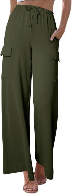 Womens Linen Pants Casual High Waist Wide Leg Drawstring Frilled Trousers with Pocket