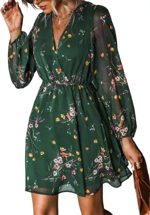 Women's Mini Flowy Chiffon Ditsy Floral Dress, Long Sleeve V Neck A-line Swing Dress, Boho Fit Short Dresses