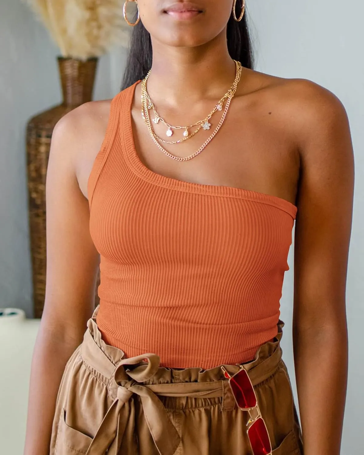 Womens One Shoulder Tops Summer Sleeveless Ribbed Tank Top Casual Slim Basic Tees