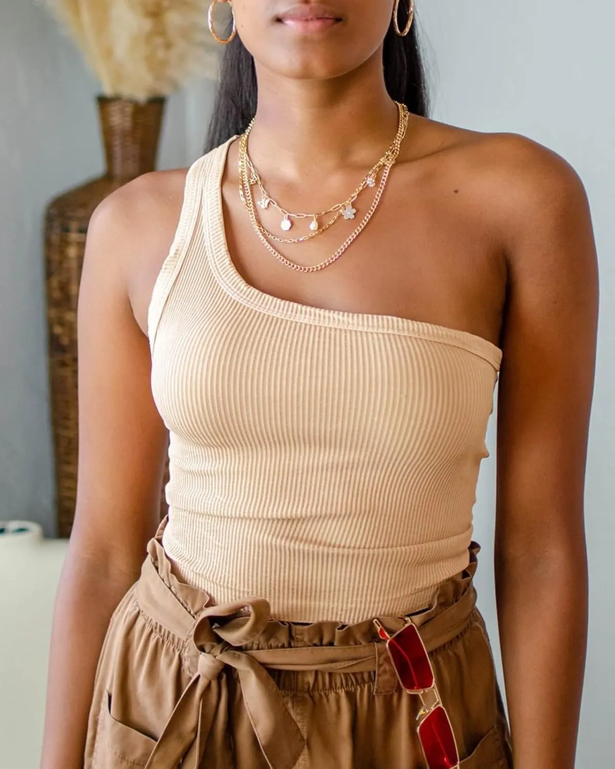 Womens One Shoulder Tops Summer Sleeveless Ribbed Tank Top Casual Slim Basic Tees