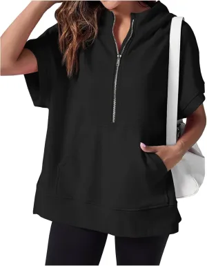 Womens Oversized Half Zip Hoodies Short Sleeve Casual Sweatshirts Loose Fit Pullover Tops with Pockets 2024