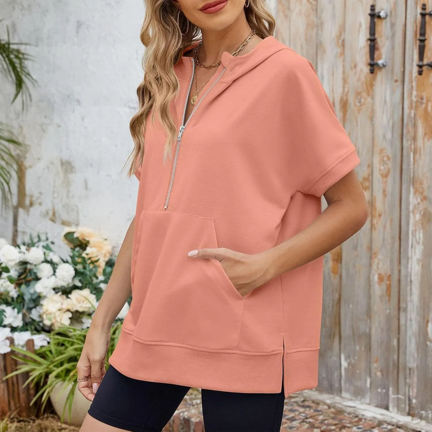 Women's Oversized Hoodies Short Sleeve T Shirts Loose Fit Tops V Neck Tees