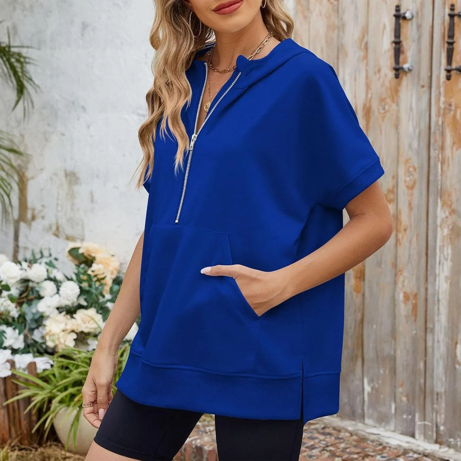 Women's Oversized Hoodies Short Sleeve T Shirts Loose Fit Tops V Neck Tees