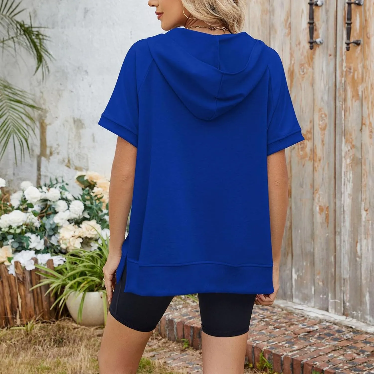 Women's Oversized Hoodies Short Sleeve T Shirts Loose Fit Tops V Neck Tees