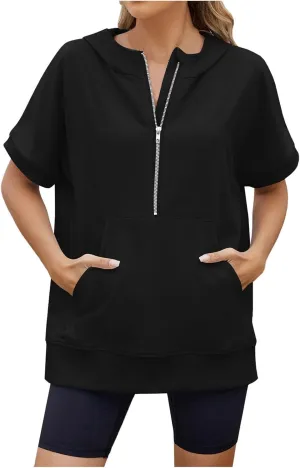 Women's Oversized Hoodies Short Sleeve T Shirts Loose Fit Tops V Neck Tees