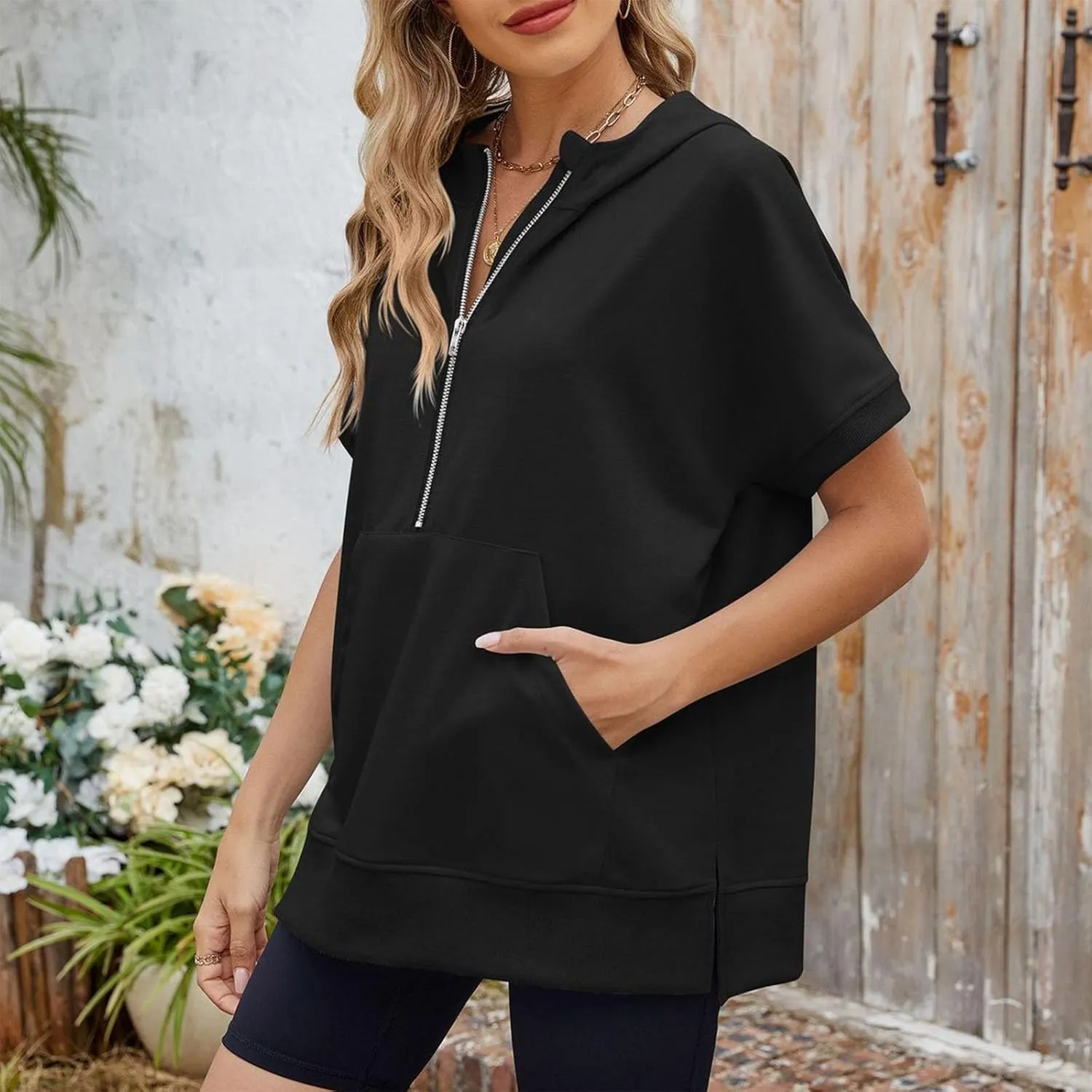 Women's Oversized Hoodies Short Sleeve T Shirts Loose Fit Tops V Neck Tees