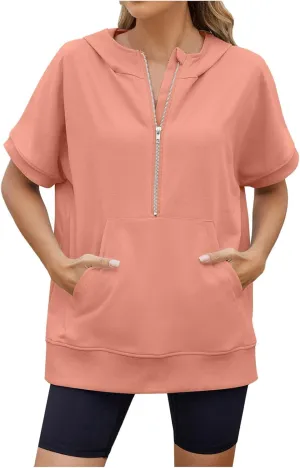 Women's Oversized Hoodies Short Sleeve T Shirts Loose Fit Tops V Neck Tees
