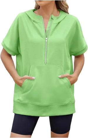 Women's Oversized Hoodies Short Sleeve T Shirts Loose Fit Tops V Neck Tees