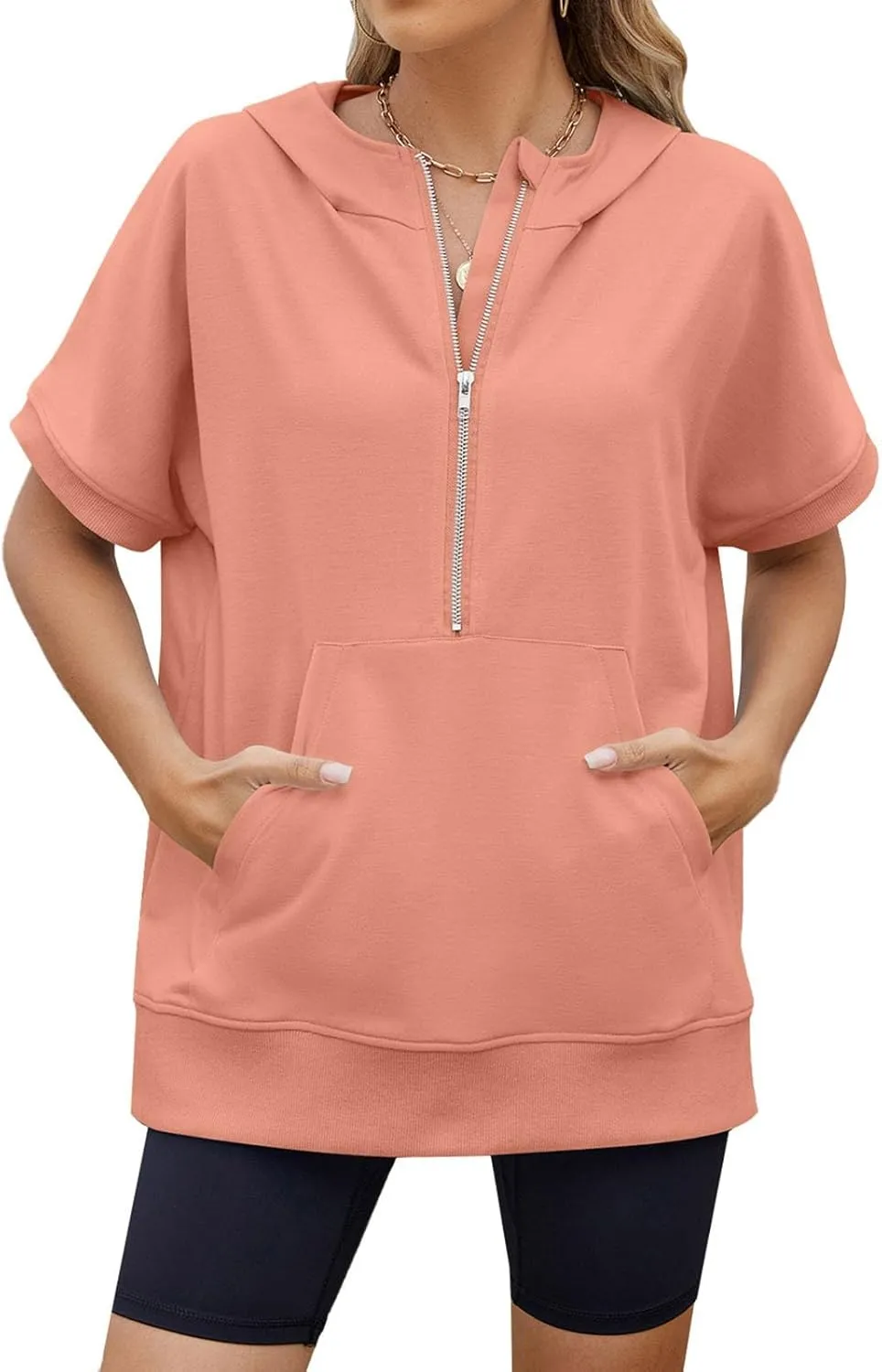 Women's Oversized Hoodies Short Sleeve T Shirts Loose Fit Tops V Neck Tees