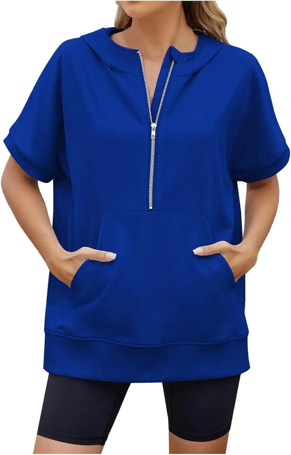 Women's Oversized Hoodies Short Sleeve T Shirts Loose Fit Tops V Neck Tees