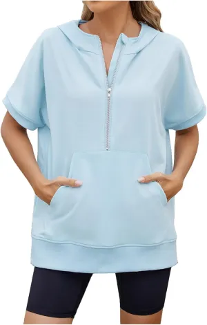 Women's Oversized Hoodies Short Sleeve T Shirts Loose Fit Tops V Neck Tees