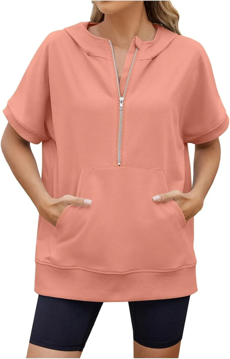 Women's Oversized Hoodies Short Sleeve T Shirts Loose Fit Tops V Neck Tees