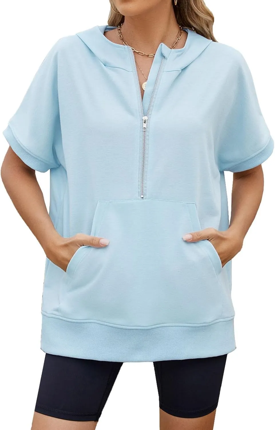 Women's Oversized Hoodies Short Sleeve T Shirts Loose Fit Tops V Neck Tees