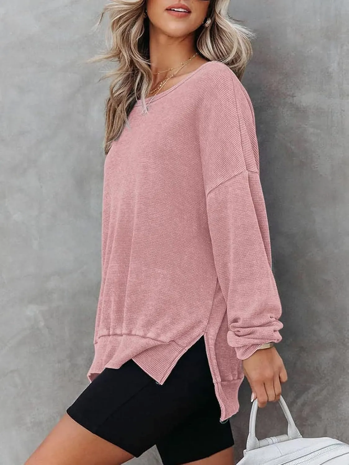 Womens Oversized Sweatshirts Crewneck Waffle Knit Casual Pullover Blouses Long Sleeve Side Slit Sweatshirt Tops S-2XL