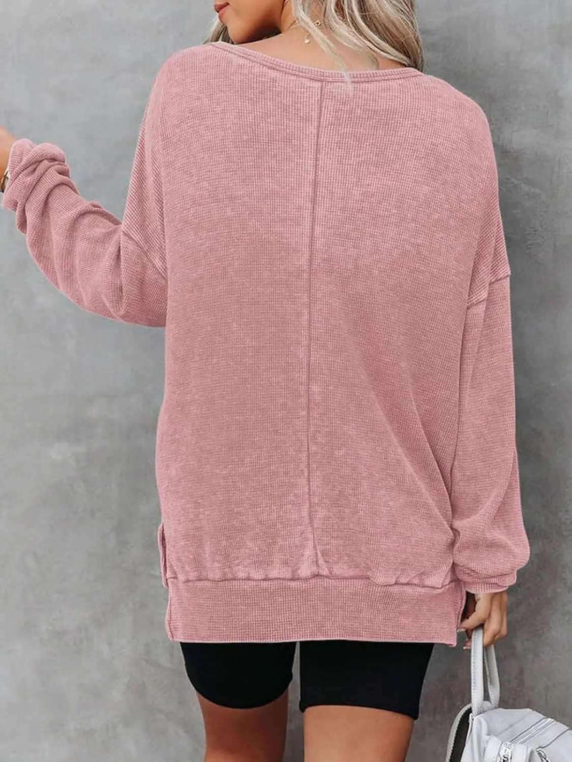 Womens Oversized Sweatshirts Crewneck Waffle Knit Casual Pullover Blouses Long Sleeve Side Slit Sweatshirt Tops S-2XL