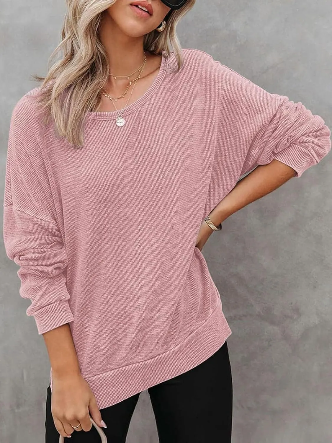 Womens Oversized Sweatshirts Crewneck Waffle Knit Casual Pullover Blouses Long Sleeve Side Slit Sweatshirt Tops S-2XL