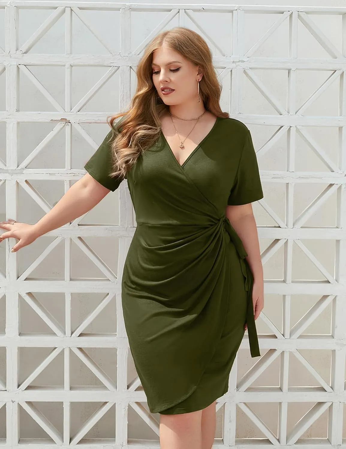 Womens Plus Size Dresses Ruched Wrap Tie Waist Bodycon Midi Casual Party Work Dress