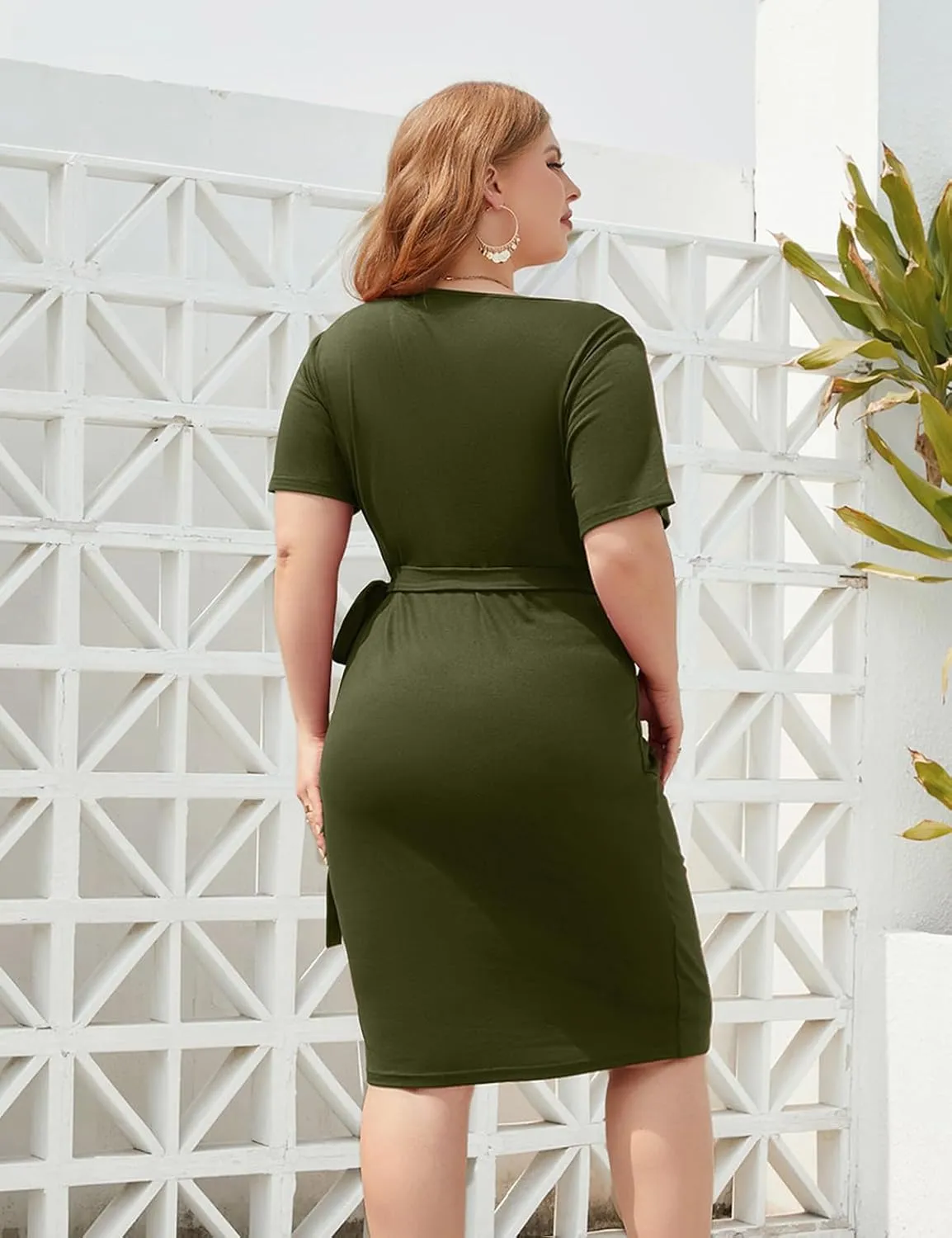 Womens Plus Size Dresses Ruched Wrap Tie Waist Bodycon Midi Casual Party Work Dress