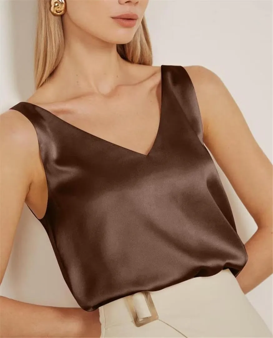 Womens Silk Satin Tank Tops V Neck Casual Cami Sleeveless Camisole Blouses Summer Basic Shirt Top