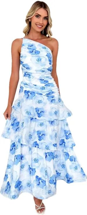 Women's Single Shoulder Long Skirt Casual Strap Printed Dress