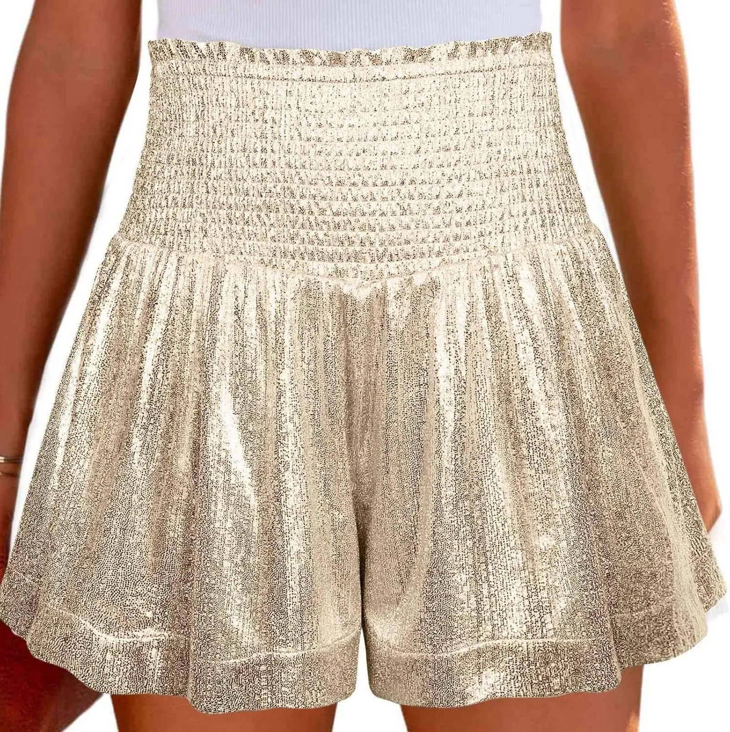 Women's Skirt Casual Loose and Elastic Waist Flash Shorts Metallic Fashion Pleated Waist Short High Skirt for