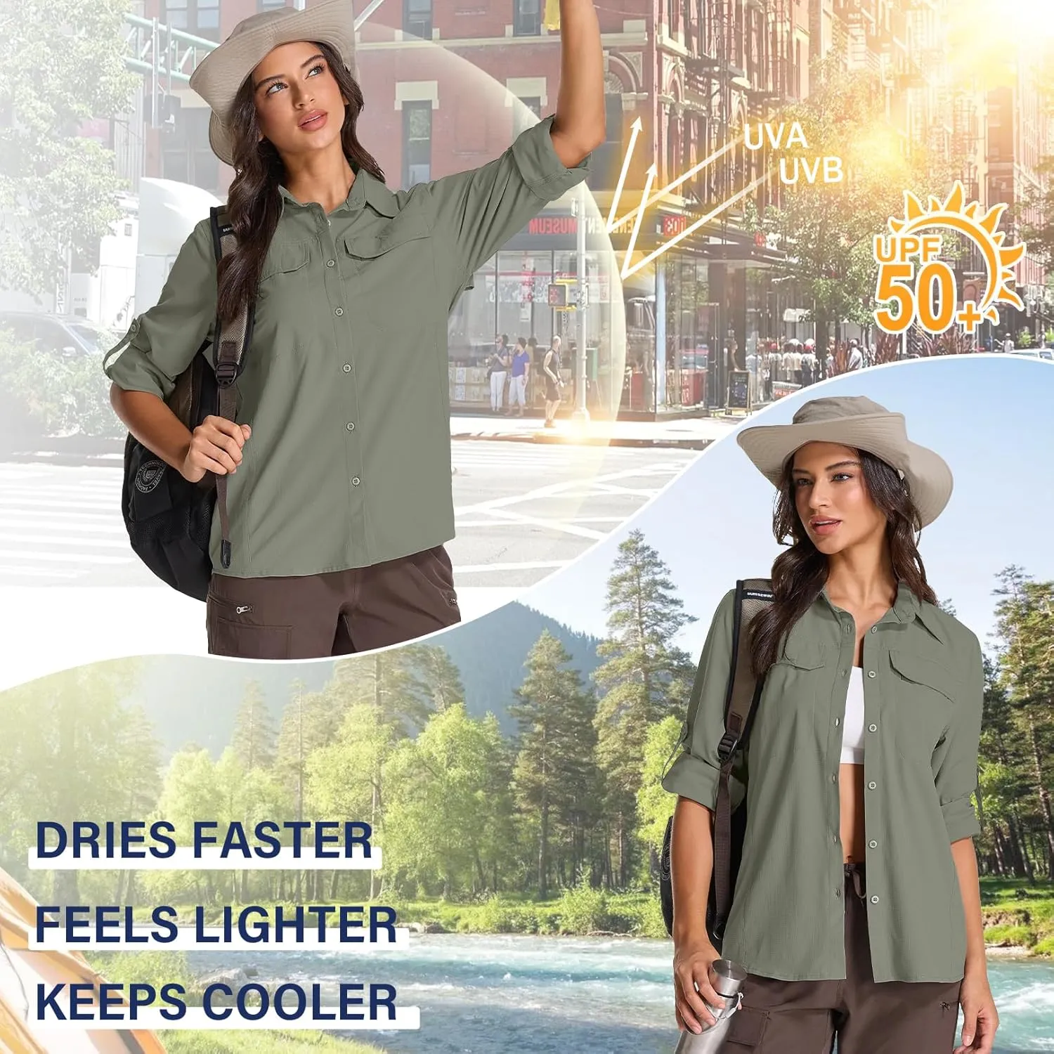 Womens Sun Protection Safari Shirts UPF 50  UV Long Sleeve Outdoor Cool Quick Dry Fishing Hiking Shirts