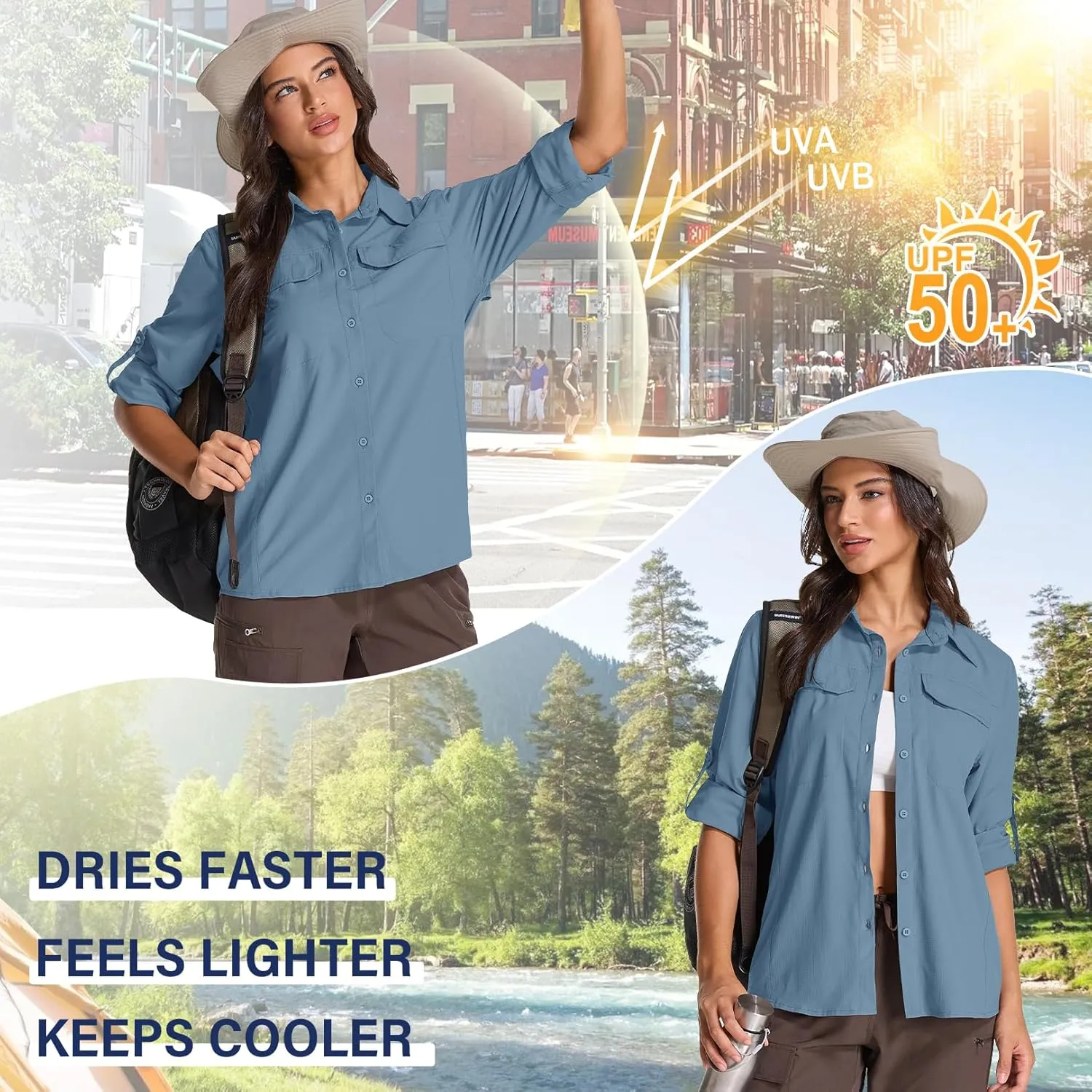 Womens Sun Protection Safari Shirts UPF 50  UV Long Sleeve Outdoor Cool Quick Dry Fishing Hiking Shirts