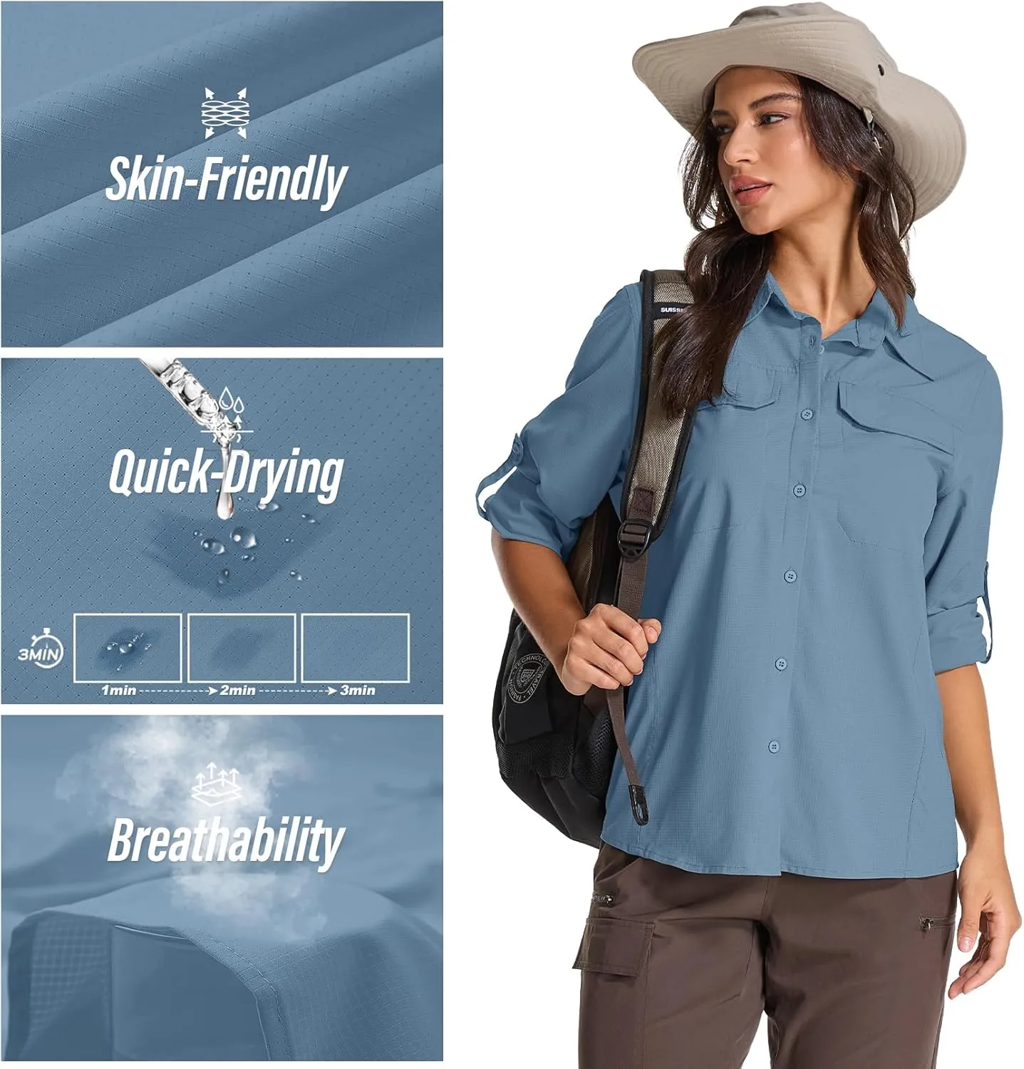 Womens Sun Protection Safari Shirts UPF 50  UV Long Sleeve Outdoor Cool Quick Dry Fishing Hiking Shirts