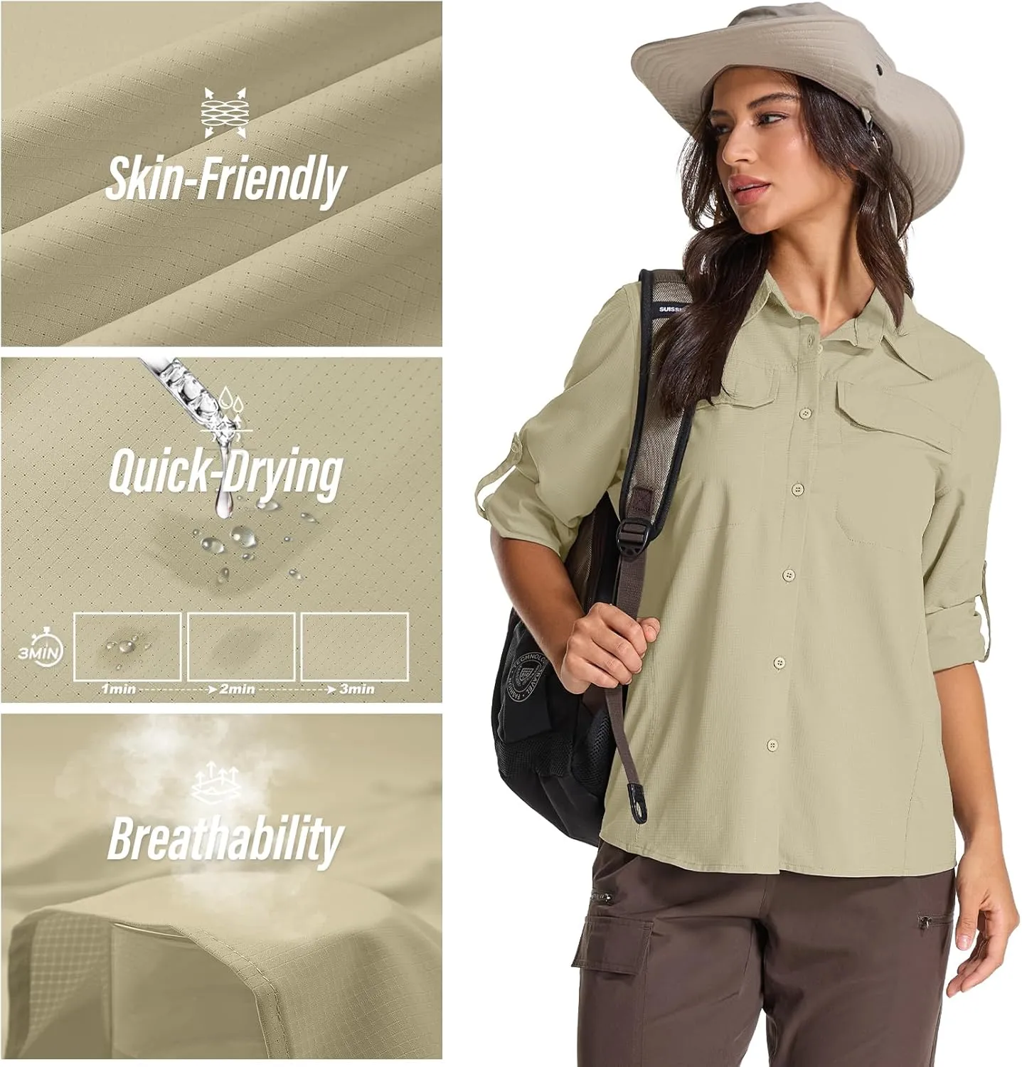 Womens Sun Protection Safari Shirts UPF 50  UV Long Sleeve Outdoor Cool Quick Dry Fishing Hiking Shirts