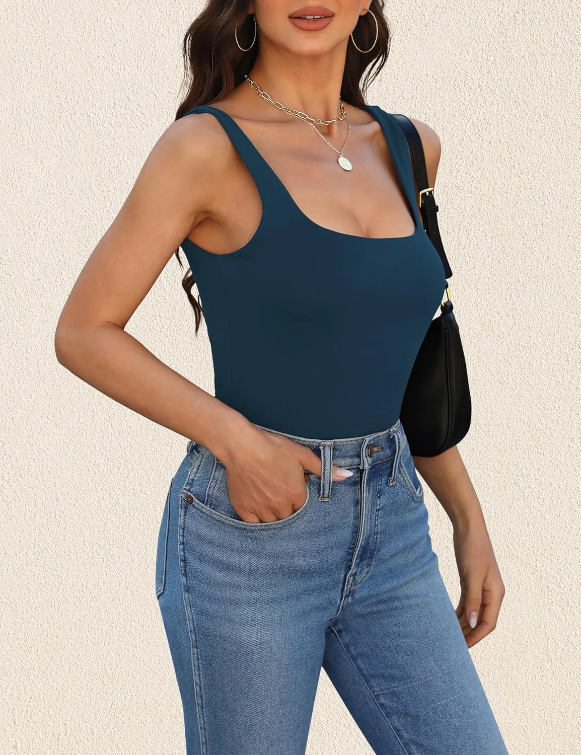 Womens Tank Tops Dressy Summer Sleeveless Shirts Sexy Square Neck Double Lined Fitted Tops T Shirts Blouses