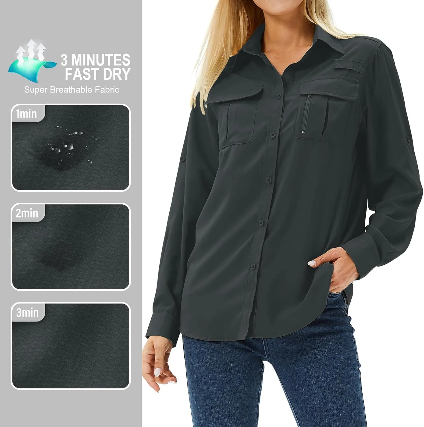 Women's UPF 50 Long Sleeve UV Sun Protection Safari Shirts Outdoor Quick Dry Fishing Hiking Travel Shirts