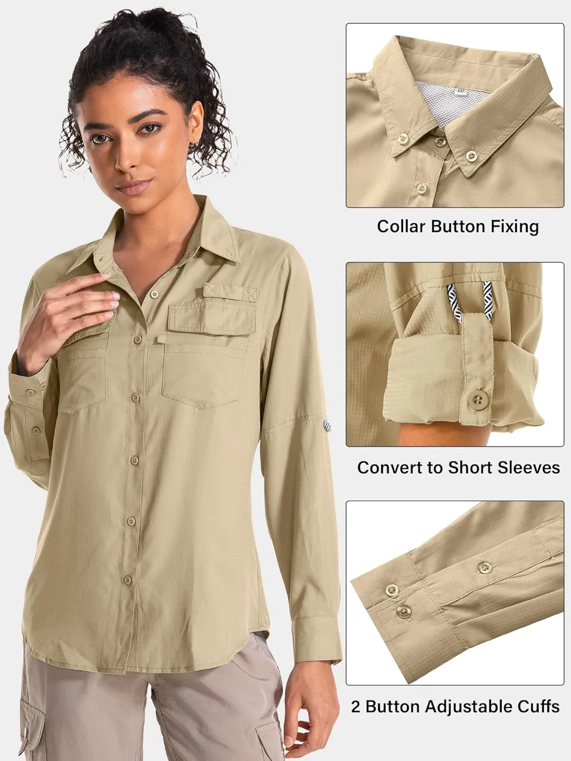 Women's UPF 50 UV Sun Protection Long Sleeve Safari Shirts Quick Dry Hiking Travel Fishing Outdoor Cool Shirts