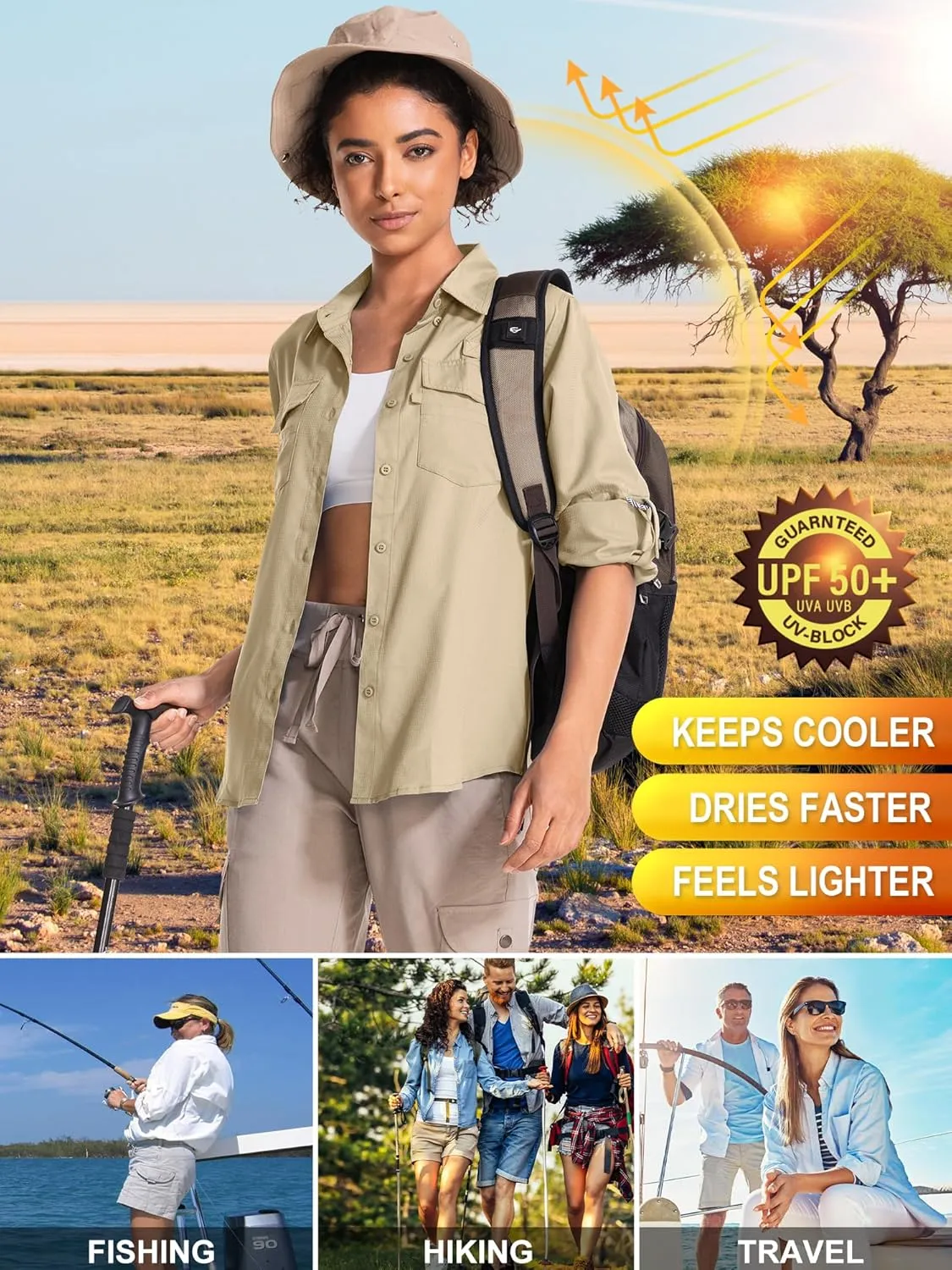 Women's UPF 50 UV Sun Protection Long Sleeve Safari Shirts Quick Dry Hiking Travel Fishing Outdoor Cool Shirts