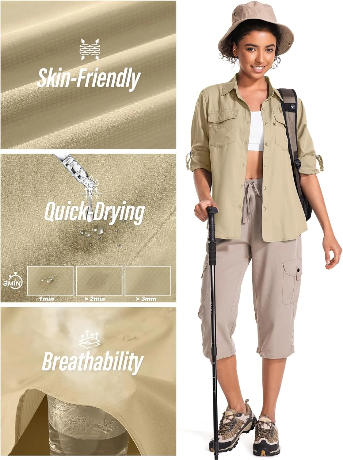 Women's UPF 50 UV Sun Protection Long Sleeve Safari Shirts Quick Dry Hiking Travel Fishing Outdoor Cool Shirts