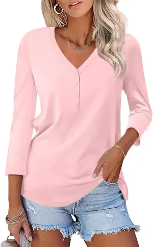 Women's V Neck 3/4 Sleeve Tops Solid Shirts Casual Summer Tees