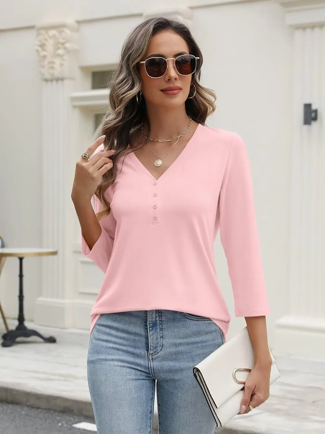 Women's V Neck 3/4 Sleeve Tops Solid Shirts Casual Summer Tees