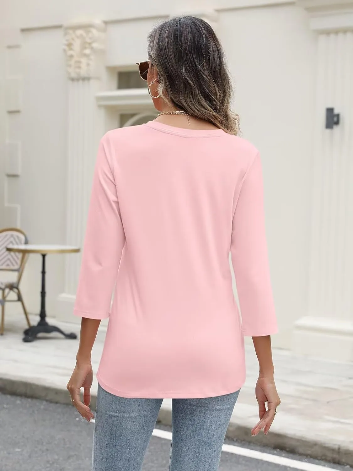 Women's V Neck 3/4 Sleeve Tops Solid Shirts Casual Summer Tees