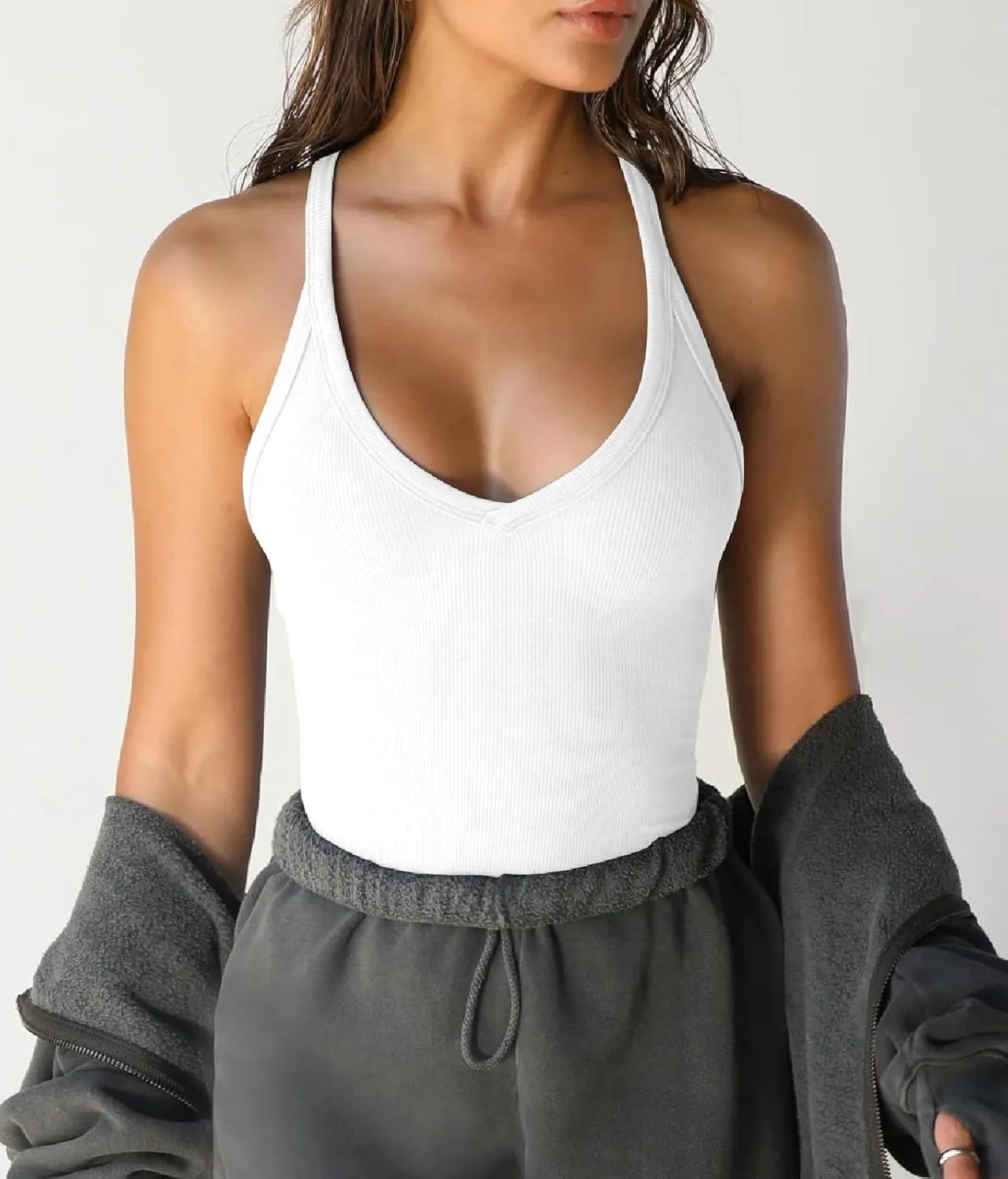Womens V Neck Racerback Tank Tops Y2K Fitted Sleeveless Shirts Summer Ribbed Tees