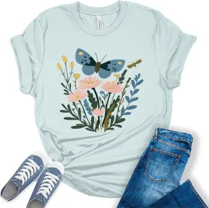 Women's Vintage Floral T Shirt Boho Wildflower Butterfly Cottagecore Graphic Tees Short Sleeve Casual Tops