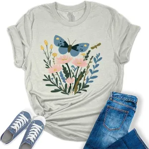 Women's Vintage Floral T Shirt Boho Wildflower Butterfly Cottagecore Graphic Tees Short Sleeve Casual Tops